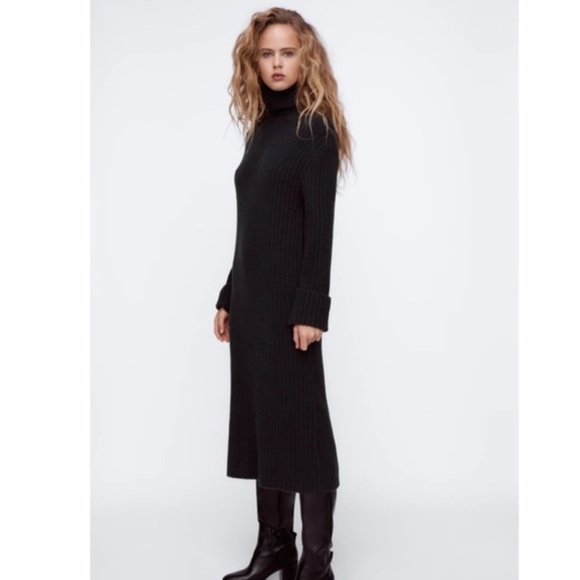 Zara Knit Sweater dress Maxi Black Ribbed Stretch Minimalist Turtleneck Sz L - Picture 1 of 13